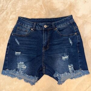 NEW WOMEN’S CUT OFF RIPPED HIGH RISE JEANS SHORTS - DARK BLUE SIZE: SMALL